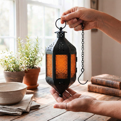 Hanging Moroccan Decorative Candle Lantern Holders for Outdoor Décor - Amber Orange Hanging - PT03
