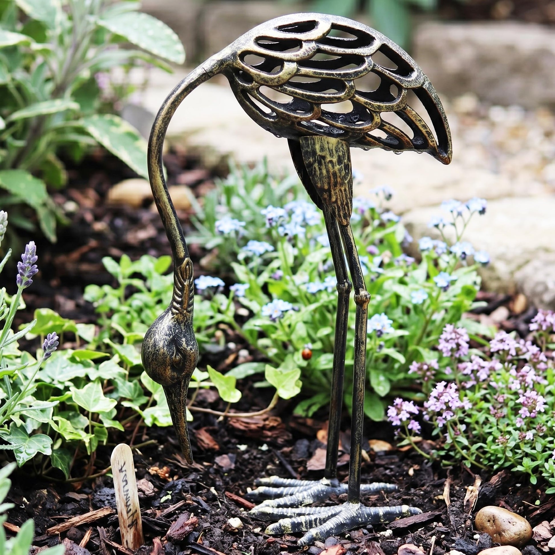 Cast Iron Metal Crane/Heron Bird Garden Sculptures Statues for Indoor or Outdoor Lawn Decor, Rustic Bronze, Set of 2 - Rustic Bronze Garden Crane Set of 2 - PT07