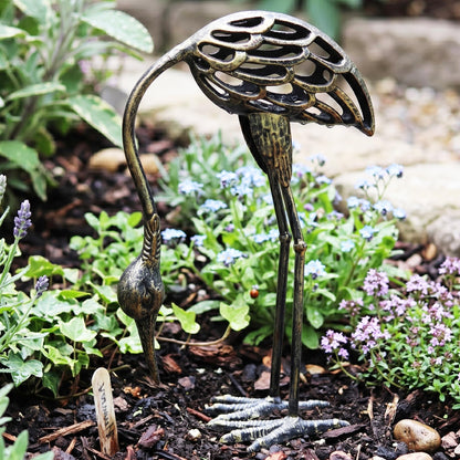 Cast Iron Metal Crane/Heron Bird Garden Sculptures Statues for Indoor or Outdoor Lawn Decor, Rustic Bronze, Set of 2 - Rustic Bronze Garden Crane Set of 2 - PT07