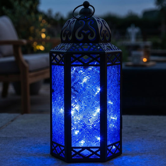 Metal Moroccan Decorative LED Fairy Lights Candle Lantern Holders for Indoor Home Fantasy Decor, Table Centerpieces, Outdoor Patio or Porch, Weddings, Medium - Cobalt Large - MAIN