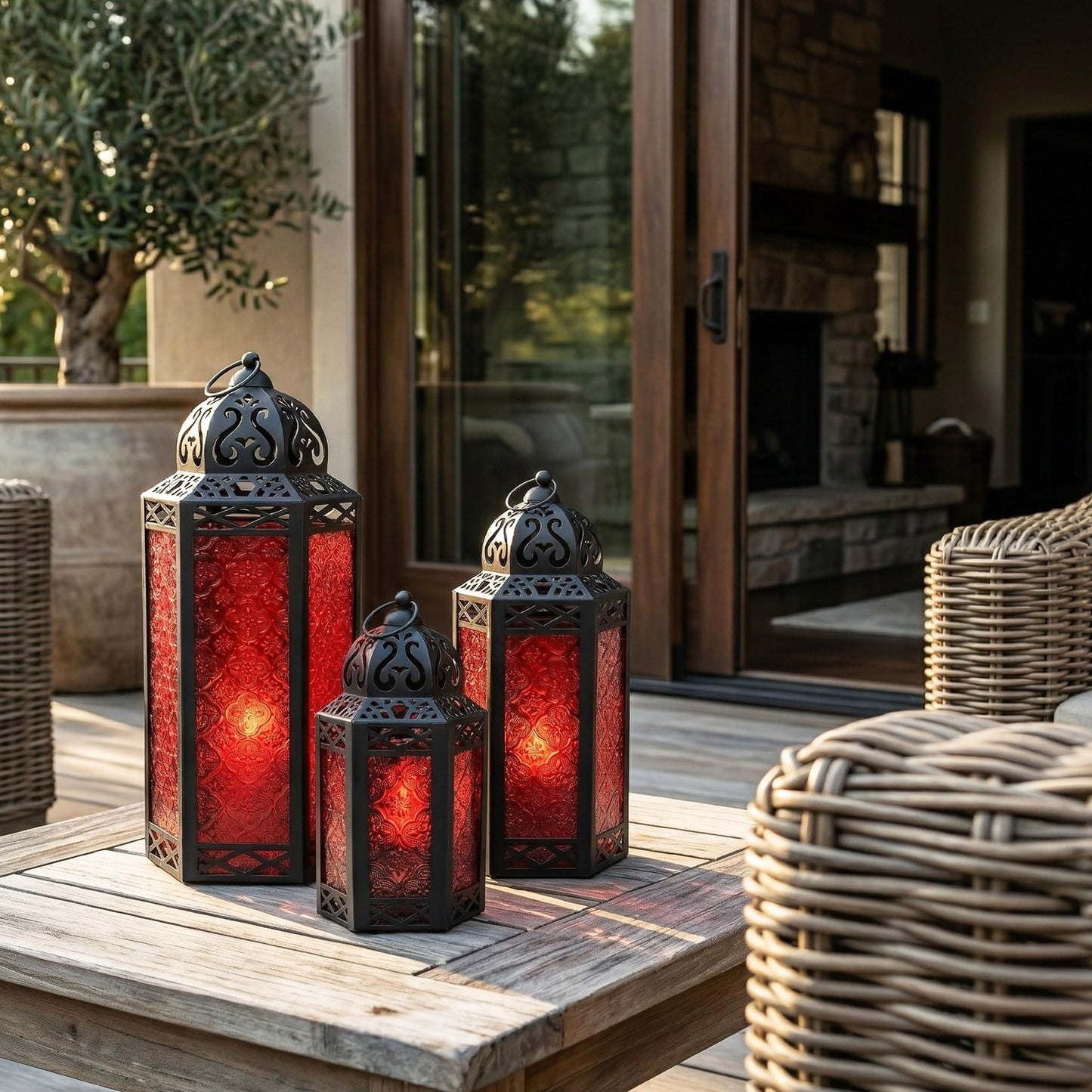 Set of 3 Red Glass & Black Metal Moroccan Candle Lantern Holders (XL, Large, Small) - Decorative Indoor/Outdoor Decor for Patio, Floor, Weddings & Ramadan - Red XL-LAR-SM - PT08