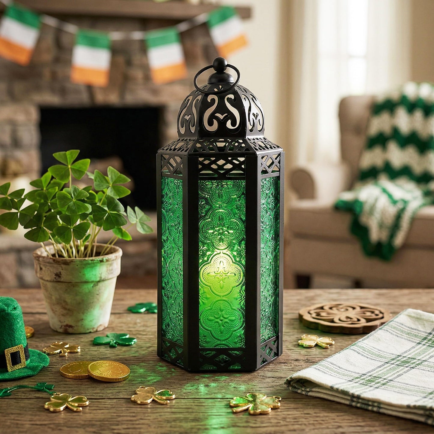 Black Metal Decorative Moroccan Lantern Candle Holder Lamp - Indoor/Outdoor, Home Decor, Patio, Weddings, Christmas - Green Medium - PT04