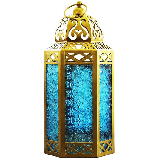 Gold Metal Decorative Moroccan Lantern Candle Holder Lamp - Indoor/Outdoor, Home Decor, Patio, Weddings, Christmas - Gold/Blue Large - MAIN