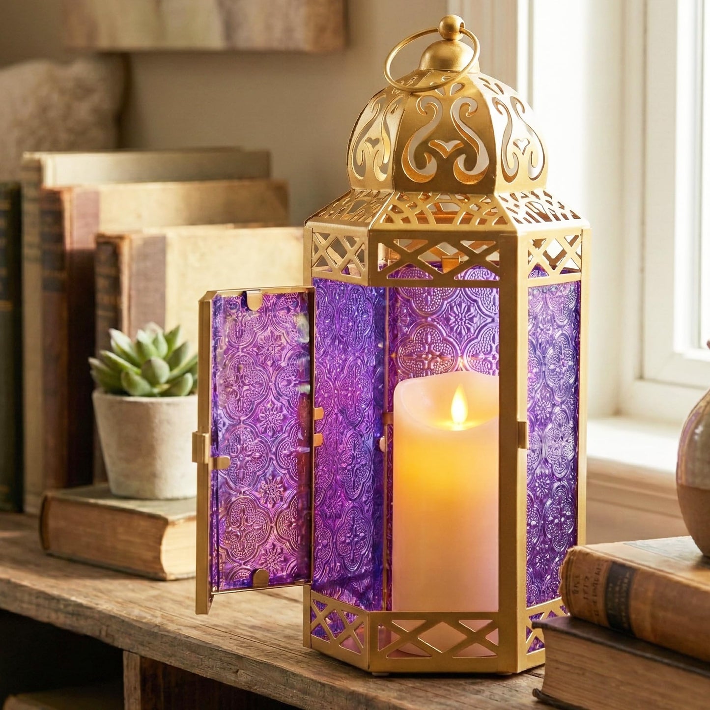 Gold Metal Decorative Moroccan Lantern Candle Holder Lamp - Indoor/Outdoor, Home Decor, Patio, Weddings, Christmas - Gold/Purple Large - PT06
