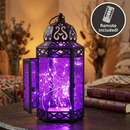 Metal Moroccan Decorative LED Fairy Lights Candle Lantern Holders for Indoor Home Fantasy Decor, Table Centerpieces, Outdoor Patio or Porch, Weddings, Medium - Purple Large - PT05