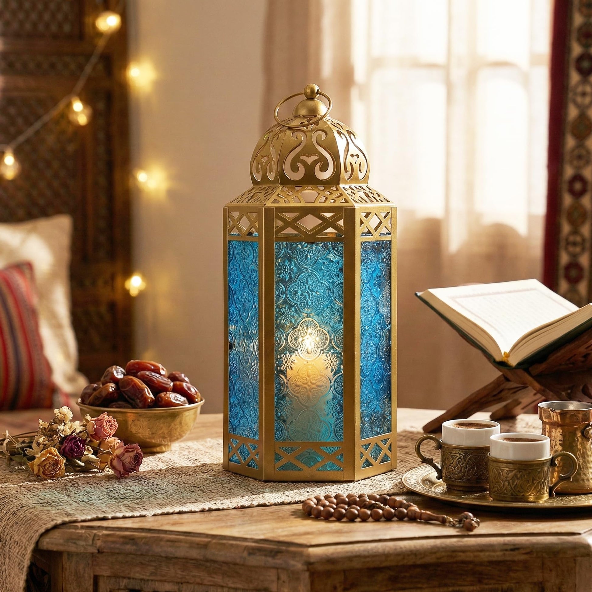 Gold Metal Decorative Moroccan Lantern Candle Holder Lamp - Indoor/Outdoor, Home Decor, Patio, Weddings, Christmas - Gold/Blue Large - PT06