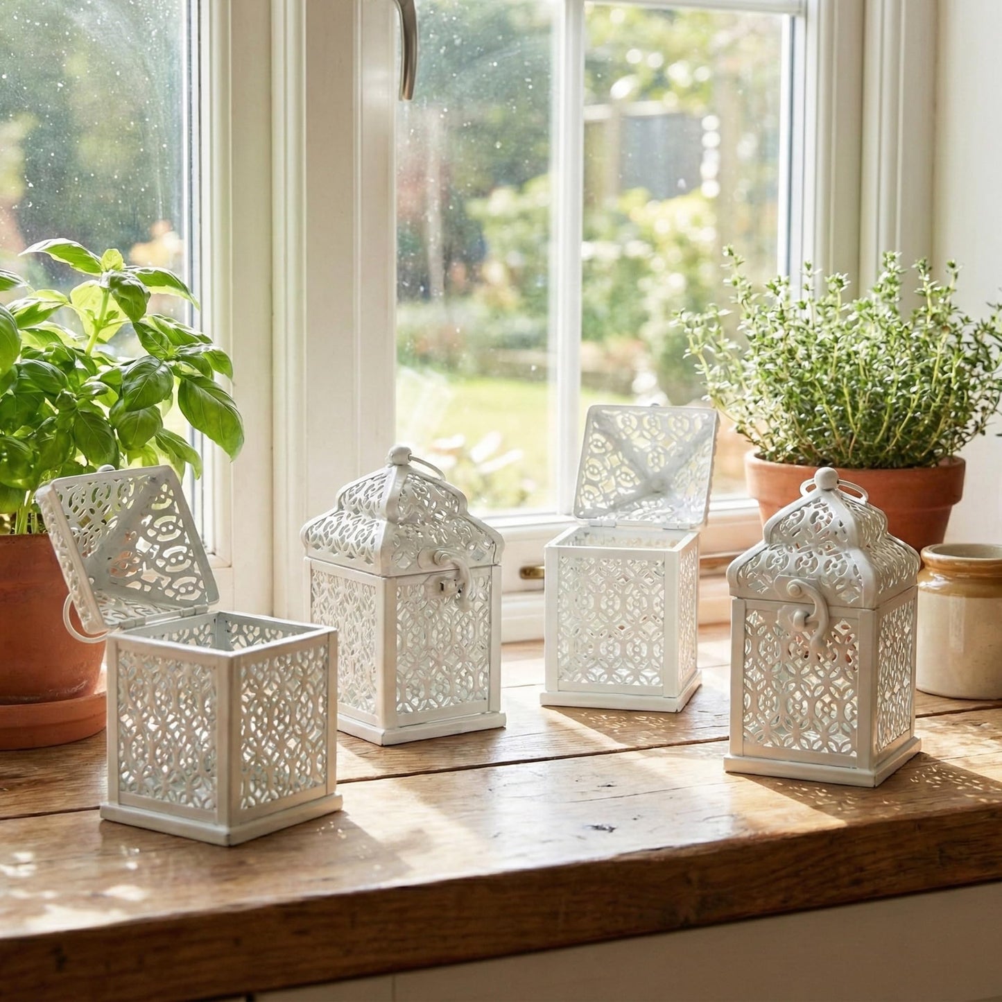 Mini Golden Tower Temple Moroccan Lantern Lamp Decorative Candle Holders for Ramadan Decorations, Hanging, Outdoor Patio or Porch, Indoor Home Decor, Set of 4 - White Mini - PT06