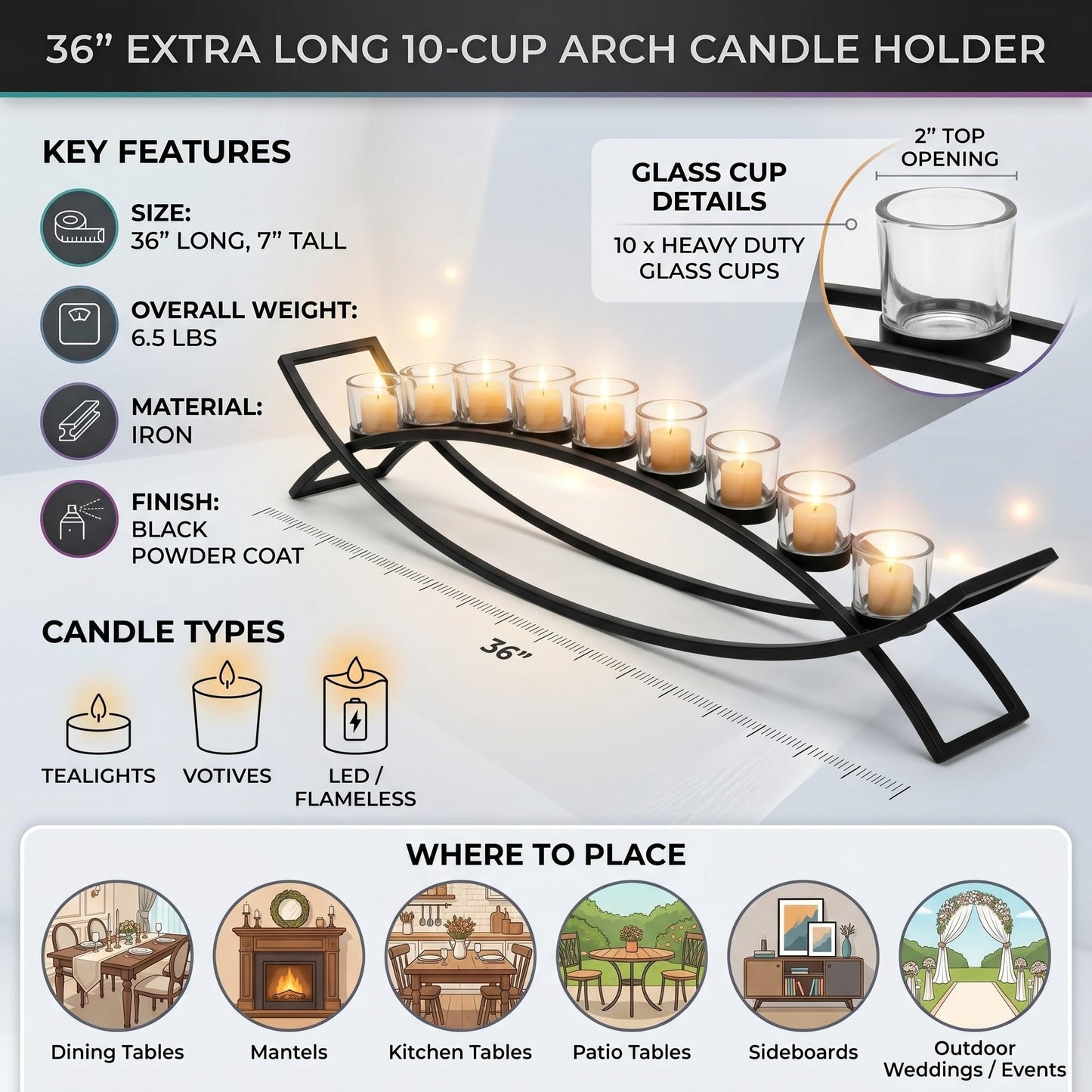 36" Extra Long Iron Arch Table Centerpiece Decorations Long Candle Holder for Mantels, Patio, Kitchen, Dining Room, and Coffee Tables, Black, Clear Chunky 10 Cu - Black/Clear 10 Cup - PT03