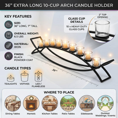 36" Extra Long Iron Arch Table Centerpiece Decorations Long Candle Holder for Mantels, Patio, Kitchen, Dining Room, and Coffee Tables, Black, Clear Chunky 10 Cu - Black/Clear 10 Cup - PT03