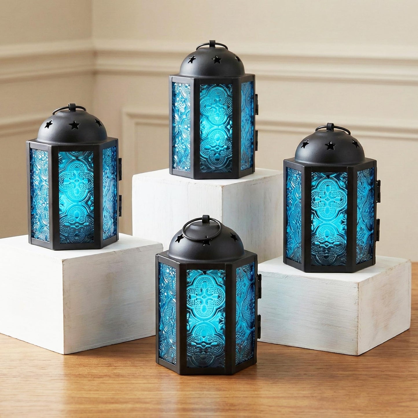 Mini Moroccan Tea Light Candle Holder Lanterns – 4.25" Small Decorative Lantern for Table or Hanging, Metal with Glass Panels – Ramadan, Wedding, Home Decor, Aq - Aqua Blue 4 - MAIN