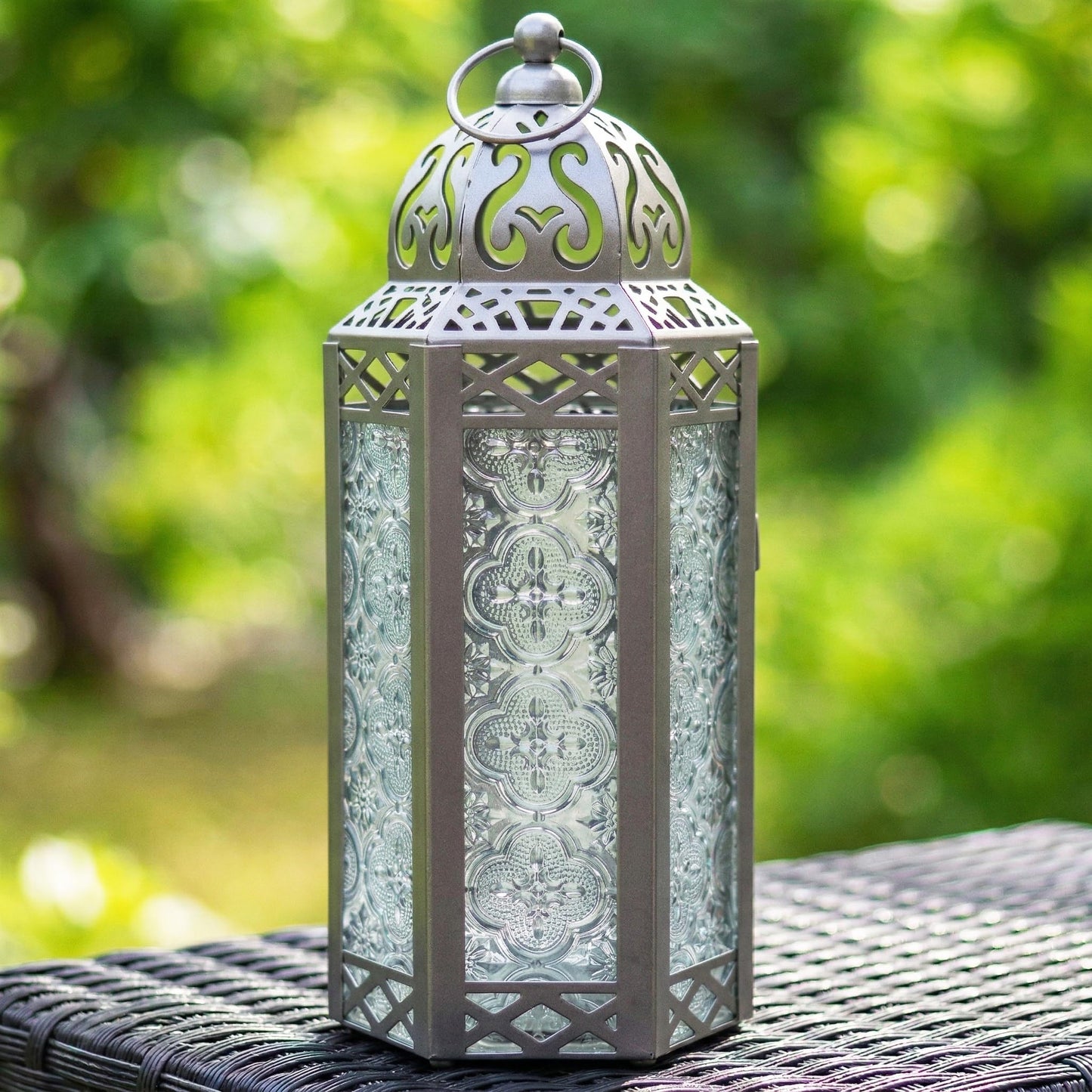 Black Metal Decorative Moroccan Lantern Candle Holder Lamp - Indoor/Outdoor, Home Decor, Patio, Weddings, Christmas - Silver Medium - PT06