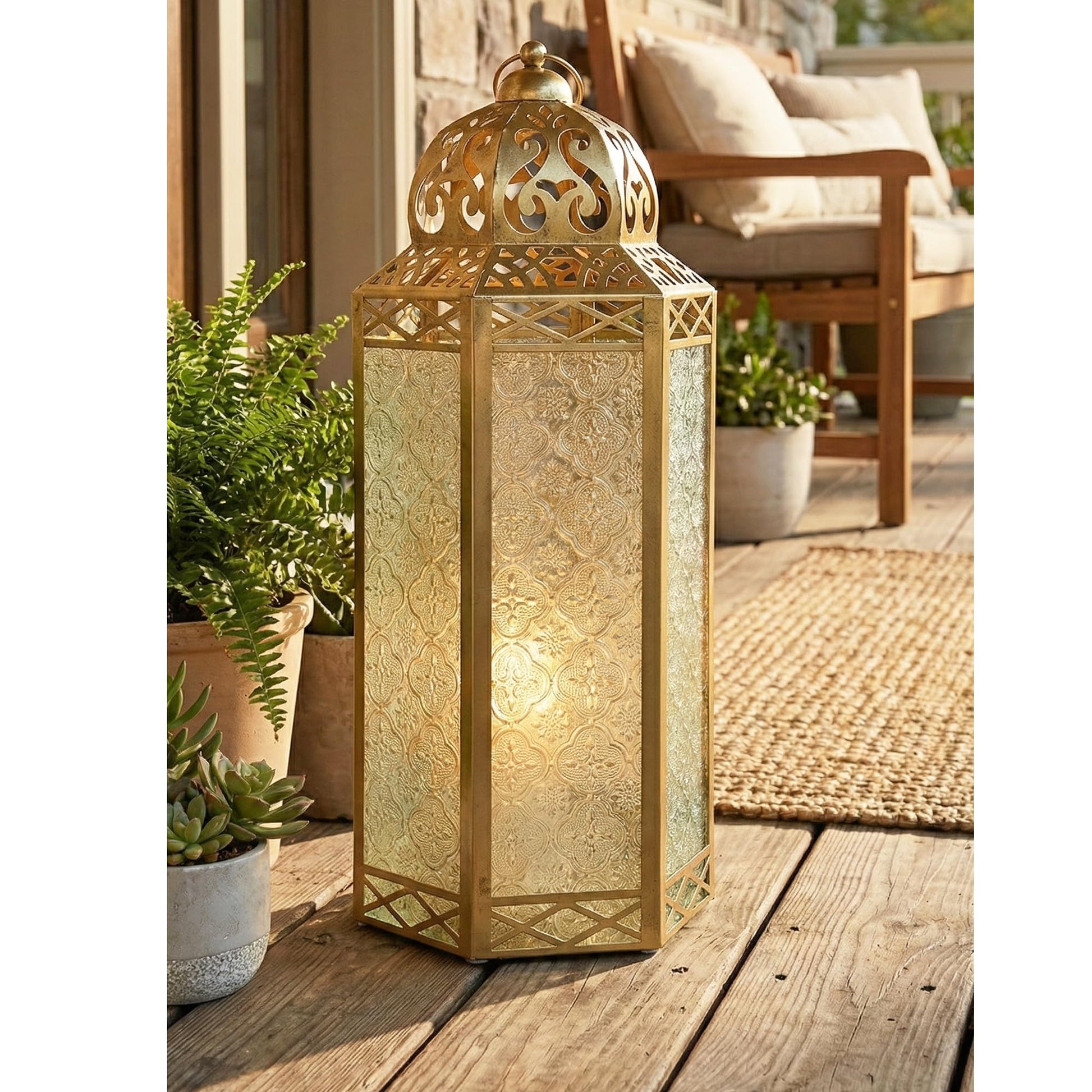 Gold Metal Decorative Moroccan Lantern Candle Holder Lamp - Indoor/Outdoor, Home Decor, Patio, Weddings, Christmas - Gold Extra Large - PT01