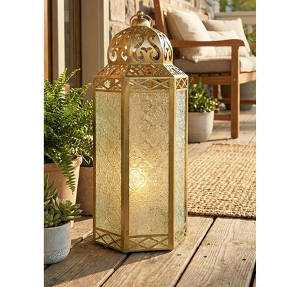 Gold Metal Decorative Moroccan Lantern Candle Holder Lamp - Indoor/Outdoor, Home Decor, Patio, Weddings, Christmas - Gold Extra Large - PT01