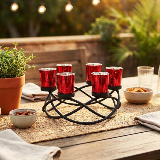 Iron Round Votive Tealight Candle Holder Centerpiece for Halloween and Christmas Decorations - Table Decor for Weddings, Outdoor Patio, Kitchen, and Coffee Tabl - Black/Red circular - PT01