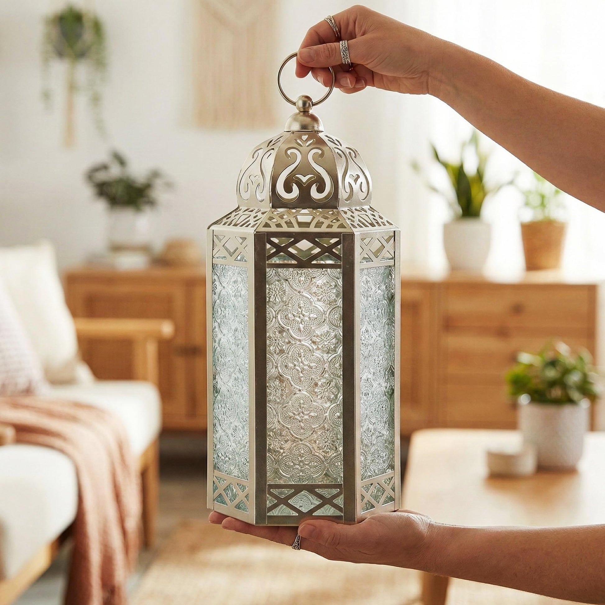 Black Metal Decorative Moroccan Lantern Candle Holder Lamp - Indoor/Outdoor, Home Decor, Patio, Weddings, Christmas - White Gold Large - PT02