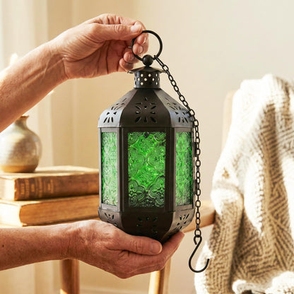 Hanging Moroccan Decorative Candle Lantern Holders for Outdoor Décor - Emerald Green Hanging - PT03