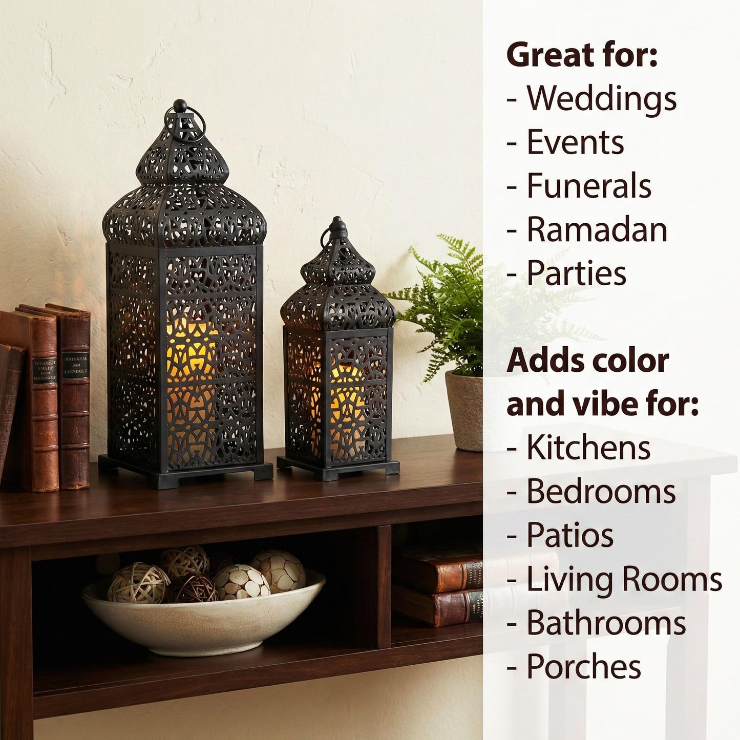Large Temple Moroccan Lantern Lamp Decorative Candle Holders for Ramadan Decorations, Hanging, Outdoor Patio or Porch, Indoor Home Decor, Weddings, Black, Set o - Black 11" and 15" - PT03