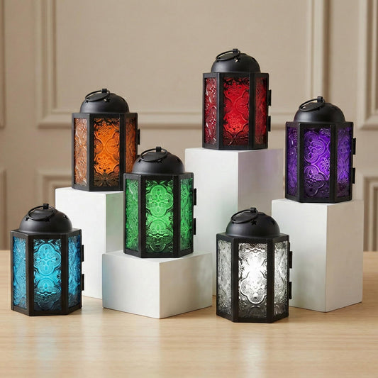 Mini Moroccan Tea Light Candle Holder Lanterns – 4.25" Small Decorative Lantern for Table or Hanging, Metal with Glass Panels – Ramadan, Wedding, Home Decor, As - Assorted Colors 6 - MAIN