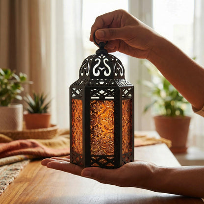 Black Metal Decorative Moroccan Lantern Candle Holder Lamp - Indoor/Outdoor, Home Decor, Patio, Weddings, Christmas - Amber Small - PT05