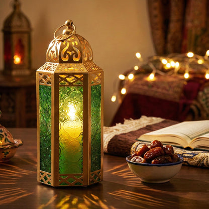 Gold Metal Decorative Moroccan Lantern Candle Holder Lamp - Indoor/Outdoor, Home Decor, Patio, Weddings, Christmas - Gold/Green Medium - PT01