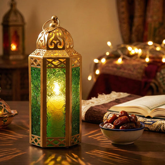 Gold Metal Decorative Moroccan Lantern Candle Holder Lamp - Indoor/Outdoor, Home Decor, Patio, Weddings, Christmas - Gold/Green Medium - PT01
