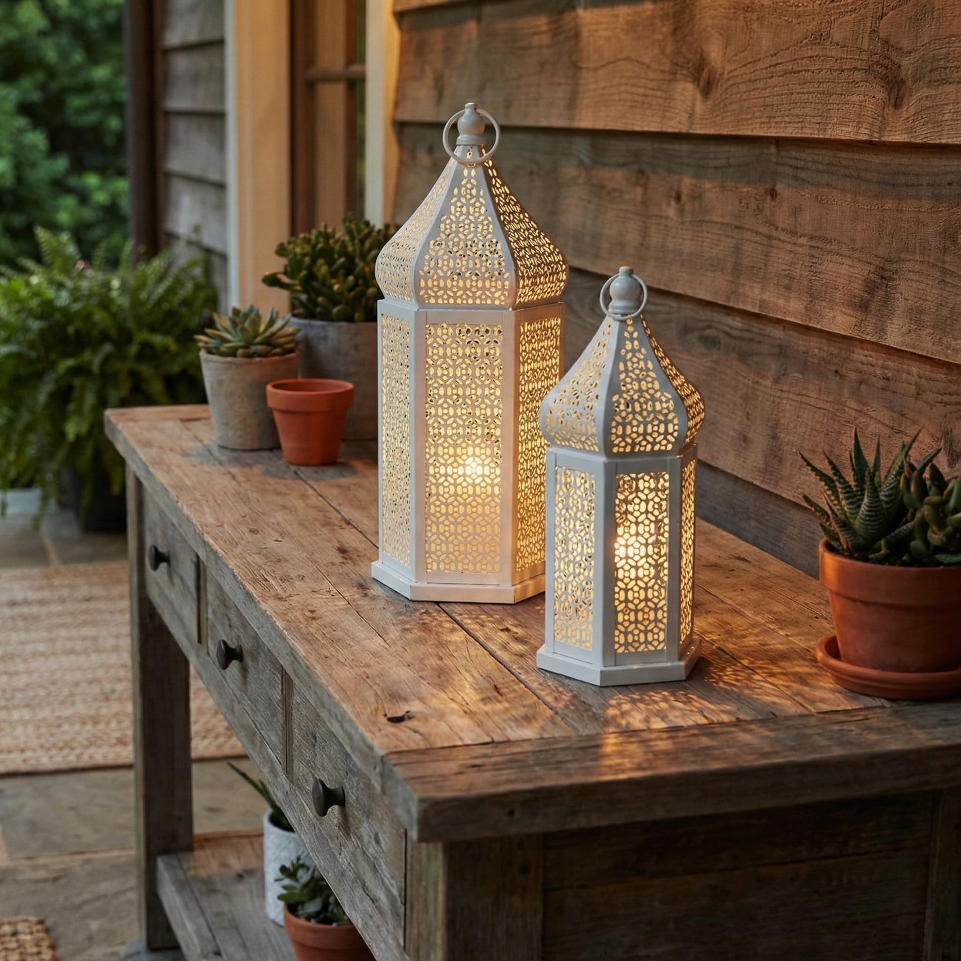 Tower Temple Moroccan Lantern Lamp Decorative Candle Holders - White Set of 2 - PT06