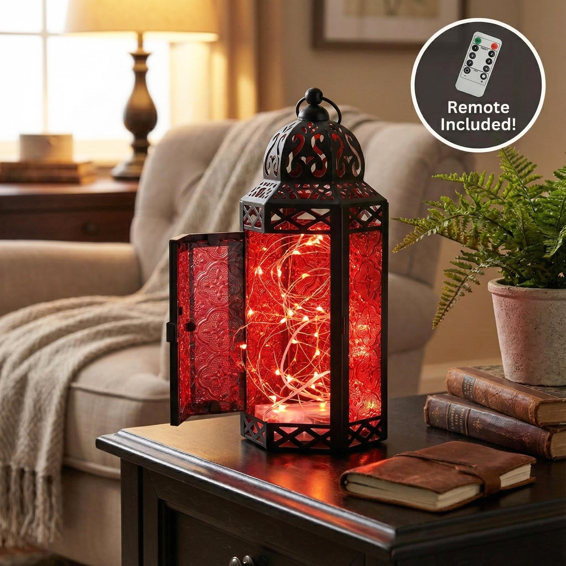 Metal Moroccan Decorative LED Fairy Lights Candle Lantern Holders for Indoor Home Fantasy Decor, Table Centerpieces, Outdoor Patio or Porch, Weddings, Medium - Red Medium - PT03