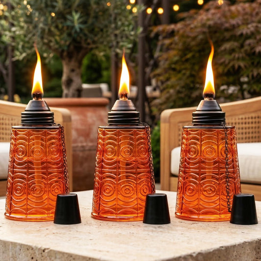 Citronella Table Top Torches for Outdoor Patio, 16oz Decorative Glass Torch Citronella Candles for Outside Deck, Garden, Parties, Set of 3, Amber - Amber - MAIN
