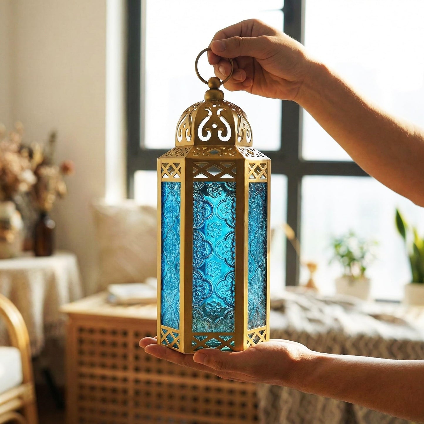 Gold Metal Decorative Moroccan Lantern Candle Holder Lamp - Indoor/Outdoor, Home Decor, Patio, Weddings, Christmas - Gold/Blue Medium - PT05