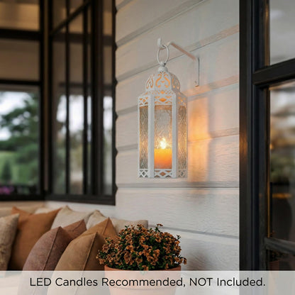 Black Metal Decorative Moroccan Lantern Candle Holder Lamp - Indoor/Outdoor, Home Decor, Patio, Weddings, Christmas - White/Clear Medium - PT03