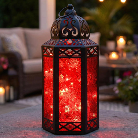 Metal Moroccan Decorative LED Fairy Lights Candle Lantern Holders for Indoor Home Fantasy Decor, Table Centerpieces, Outdoor Patio or Porch, Weddings, Medium - Red Large - MAIN