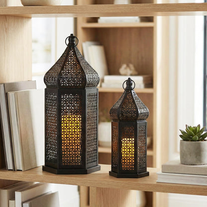 Tower Temple Moroccan Lantern Lamp Decorative Candle Holders - Black Set of 2 - PT03