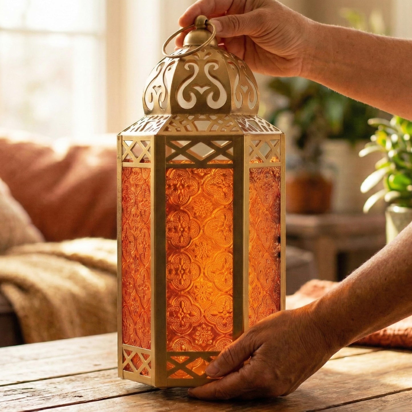 Gold Metal Decorative Moroccan Lantern Candle Holder Lamp - Indoor/Outdoor, Home Decor, Patio, Weddings, Christmas - Gold/Amber Large - PT03