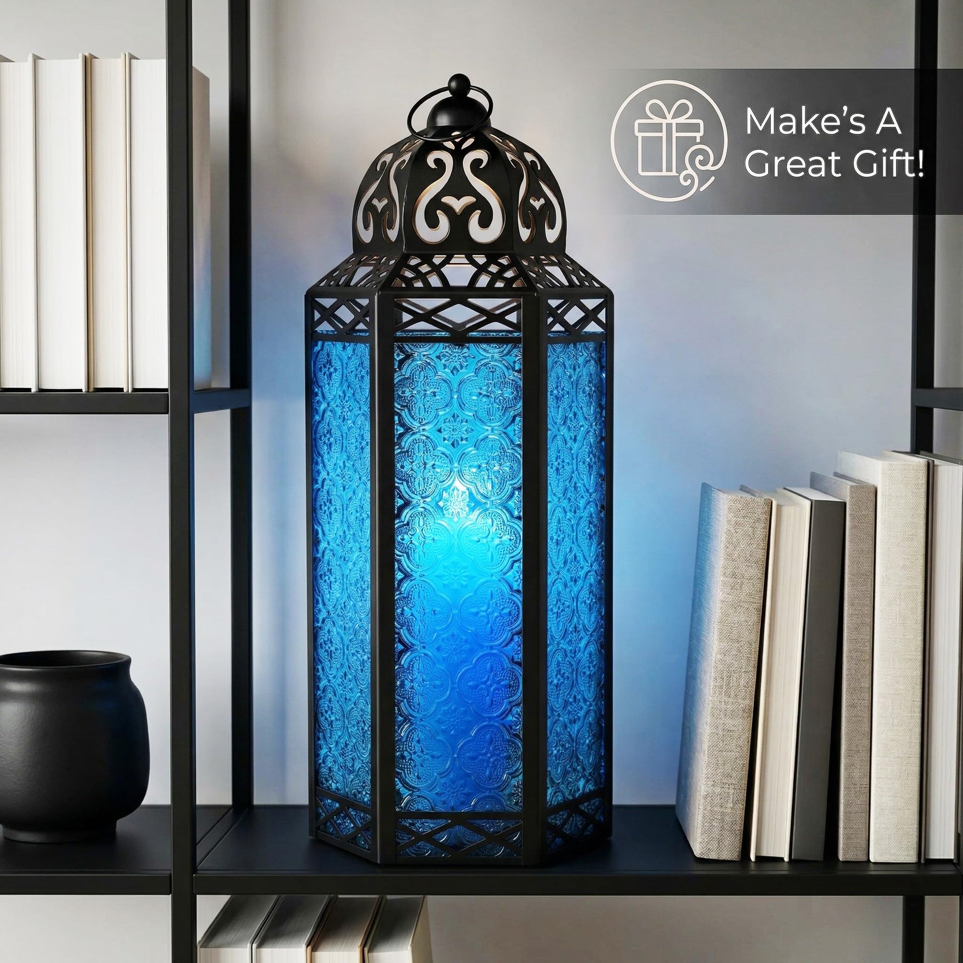 Black Metal Decorative Moroccan Lantern Candle Holder Lamp - Indoor/Outdoor, Home Decor, Patio, Weddings, Christmas - Blue Extra Large - PT03