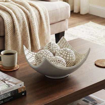 5pc Scoop Bowl Table Centerpieces for Dining Room, Large Decorative Bowls for Coffee Table Decor, Kitchen, Orbs/Balls Included, 14" diagonal. 11" wide and 5.75" - White 11 inches wide and 5.75 inches tall - PT07