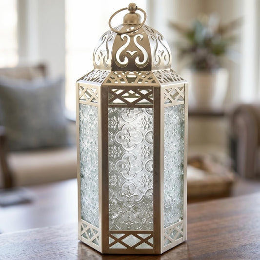 Black Metal Decorative Moroccan Lantern Candle Holder Lamp - Indoor/Outdoor, Home Decor, Patio, Weddings, Christmas - White Gold Large - PT01