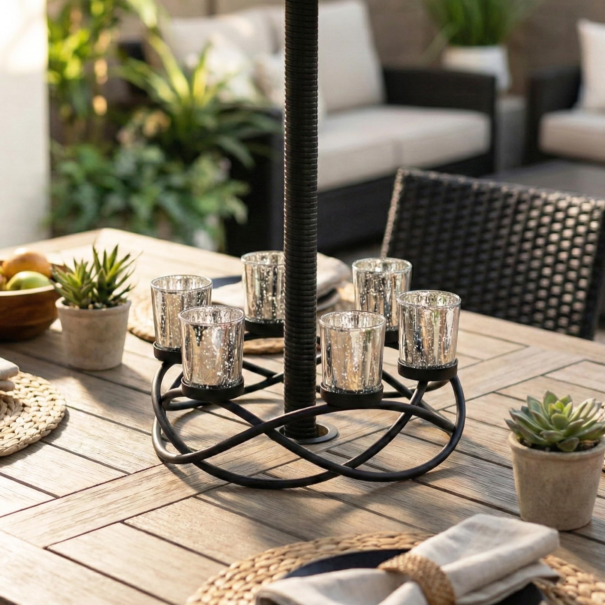 Iron Round Table Decor Christmas Centerpiece Decorations Candle Holder for Weddings, Outdoor Patio, Dining Room, and Coffee Tables, Glass Votive Tealight Holder - Black/Silver 6-Cup - PT02