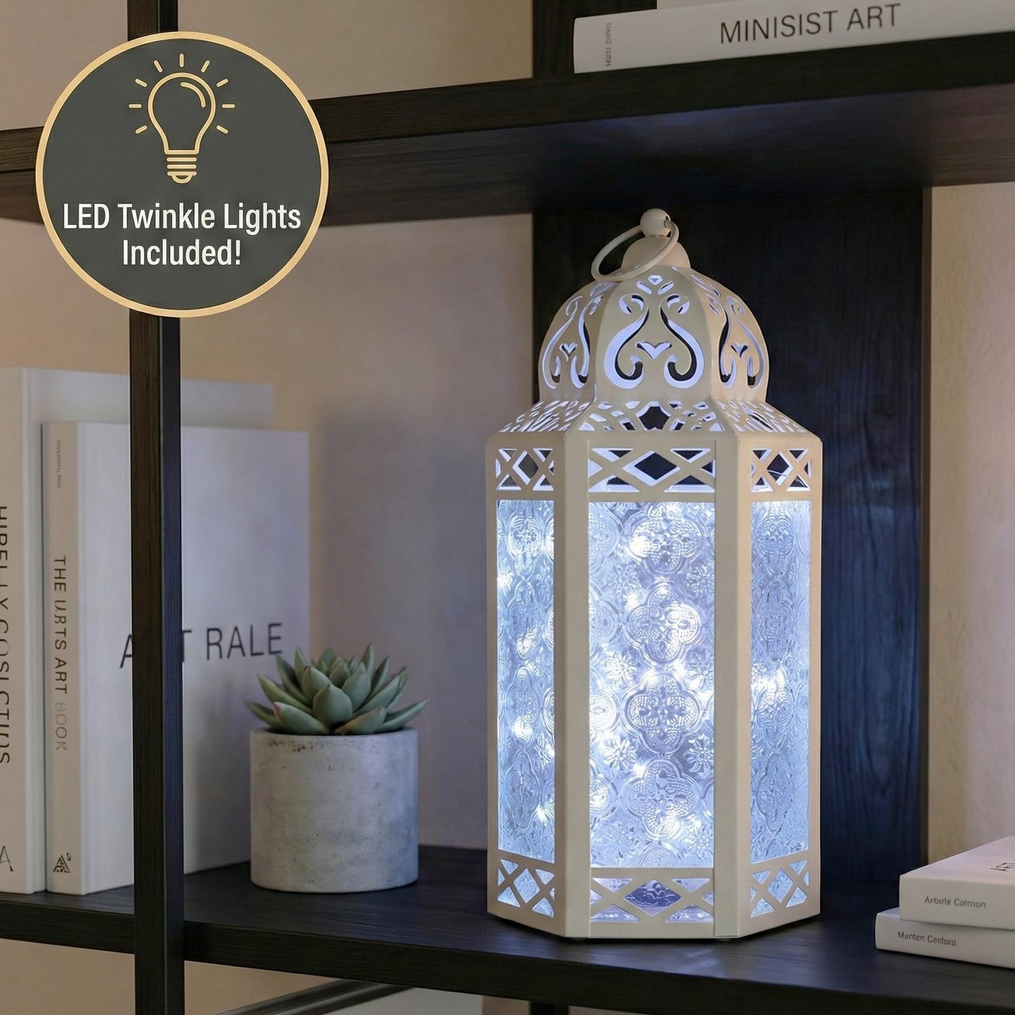 Metal Moroccan Decorative LED Fairy Lights Candle Lantern Holders for Indoor Home Fantasy Decor, Table Centerpieces, Outdoor Patio or Porch, Weddings, Medium - White Large - PT01