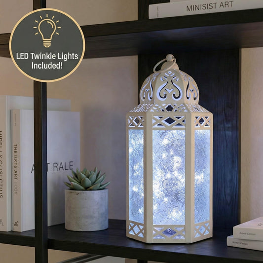 Metal Moroccan Decorative LED Fairy Lights Candle Lantern Holders for Indoor Home Fantasy Decor, Table Centerpieces, Outdoor Patio or Porch, Weddings, Medium - White Large - PT01