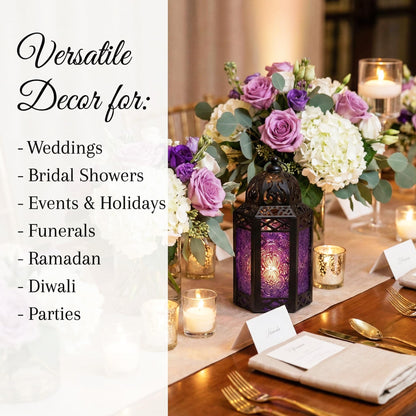 Black Metal Decorative Moroccan Lantern Candle Holder Lamp - Indoor/Outdoor, Home Decor, Patio, Weddings, Christmas - Purple Small - PT02