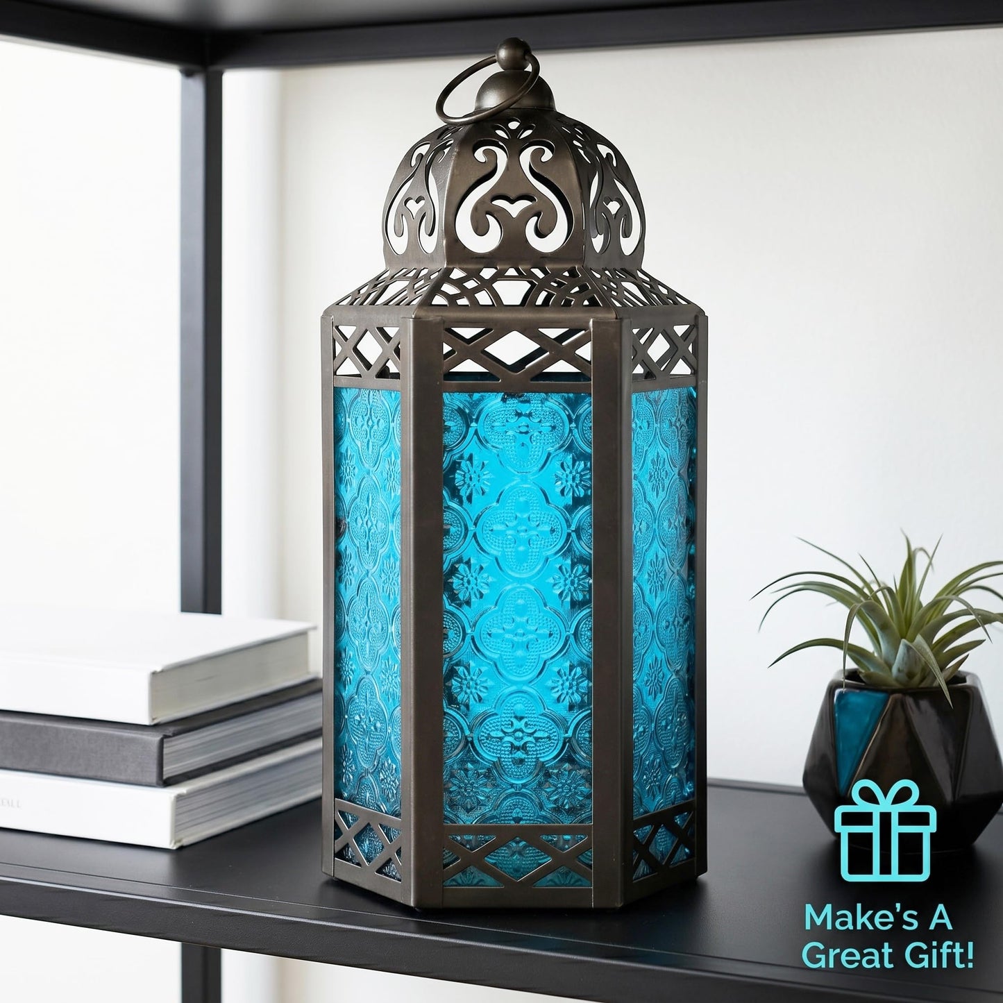 Black Metal Decorative Moroccan Lantern Candle Holder Lamp - Indoor/Outdoor, Home Decor, Patio, Weddings, Christmas - Blue Large - PT03