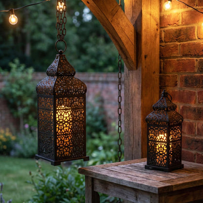 Large Temple Moroccan Lantern Lamp Decorative Candle Holders for Ramadan Decorations, Hanging, Outdoor Patio or Porch, Indoor Home Decor, Weddings, Black, Set o - Black 11" and 15" - PT06