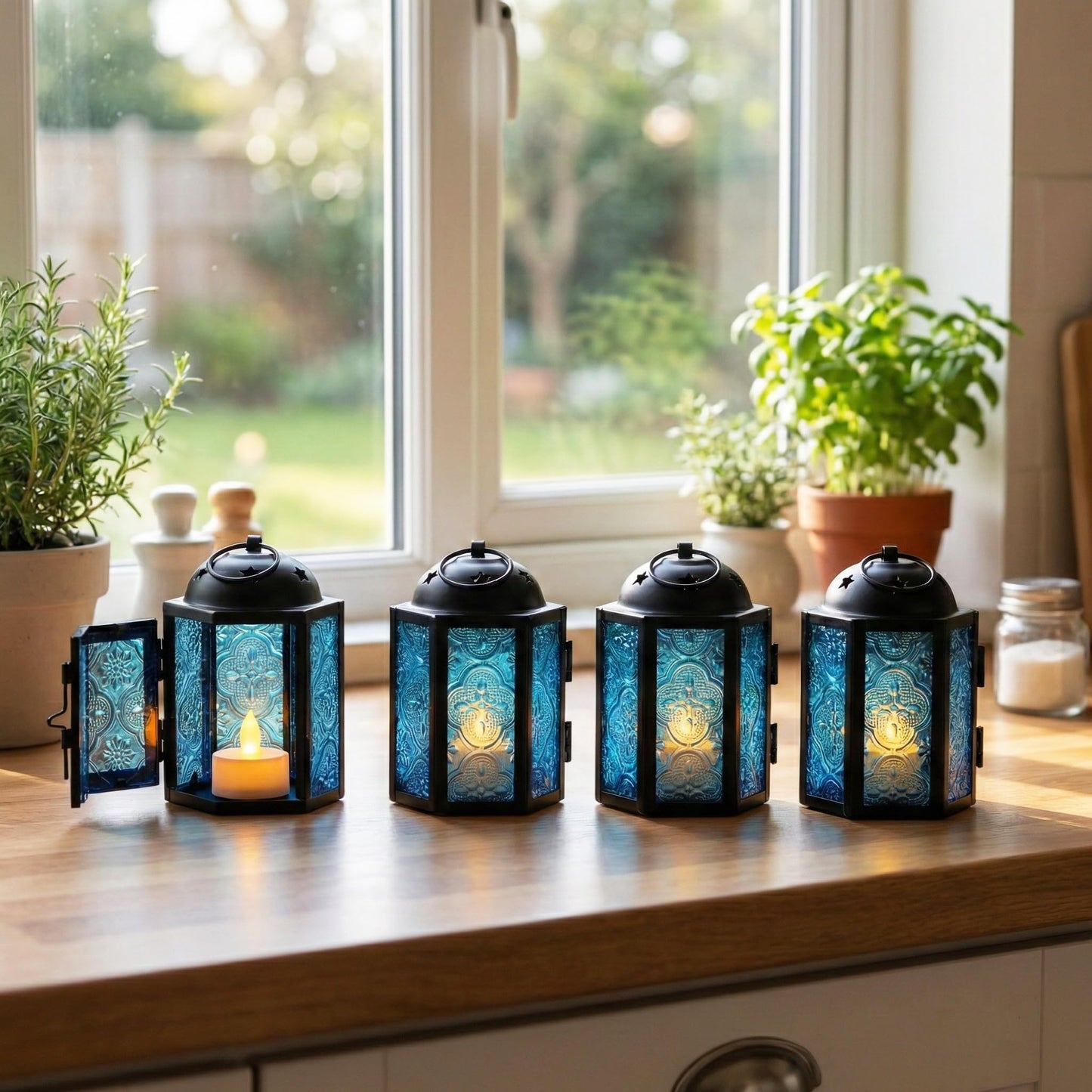 Mini Moroccan Tea Light Candle Holder Lanterns – 4.25" Small Decorative Lantern for Table or Hanging, Metal with Glass Panels – Ramadan, Wedding, Home Decor, Aq - Aqua Blue 4 - PT03