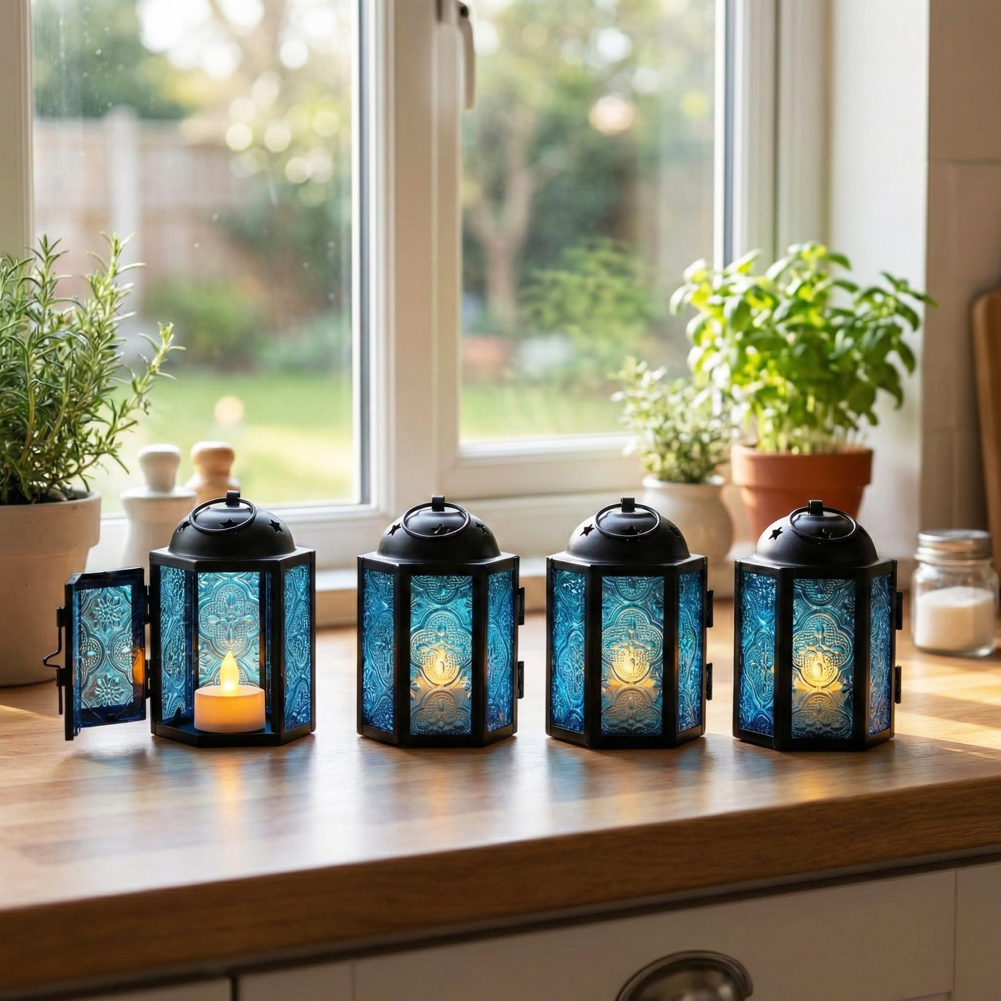 Mini Moroccan Tea Light Candle Holder Lanterns – 4.25" Small Decorative Lantern for Table or Hanging, Metal with Glass Panels – Ramadan, Wedding, Home Decor, Aq - Aqua Blue 4 - PT03