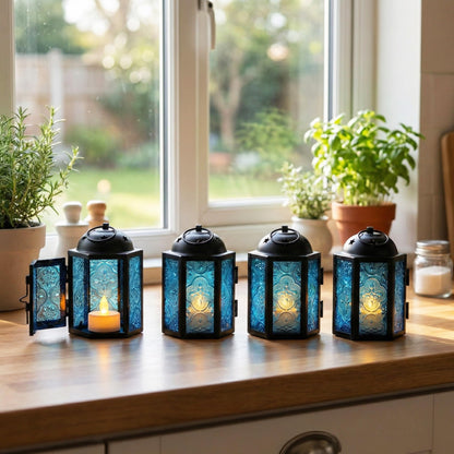 Mini Moroccan Tea Light Candle Holder Lanterns – 4.25" Small Decorative Lantern for Table or Hanging, Metal with Glass Panels – Ramadan, Wedding, Home Decor, Aq - Aqua Blue 4 - PT03