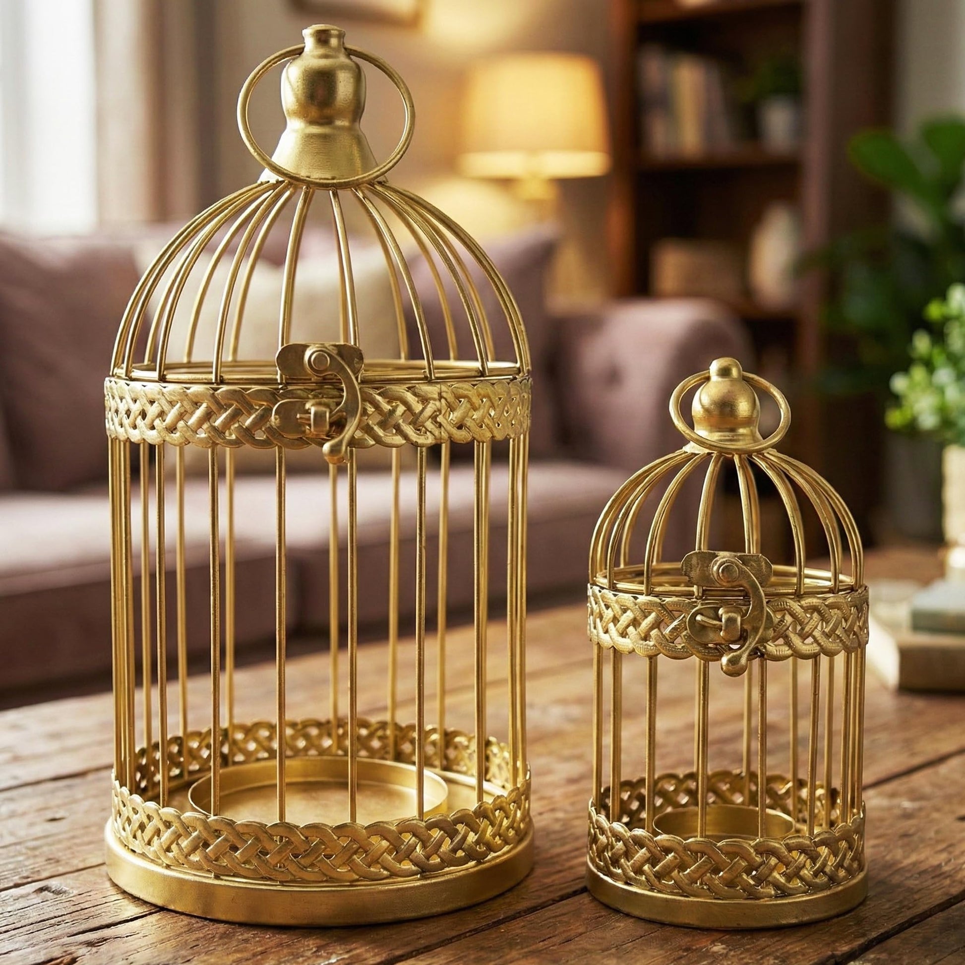 Birdcage Candle Lantern Set - Gold Large and Small - MAIN