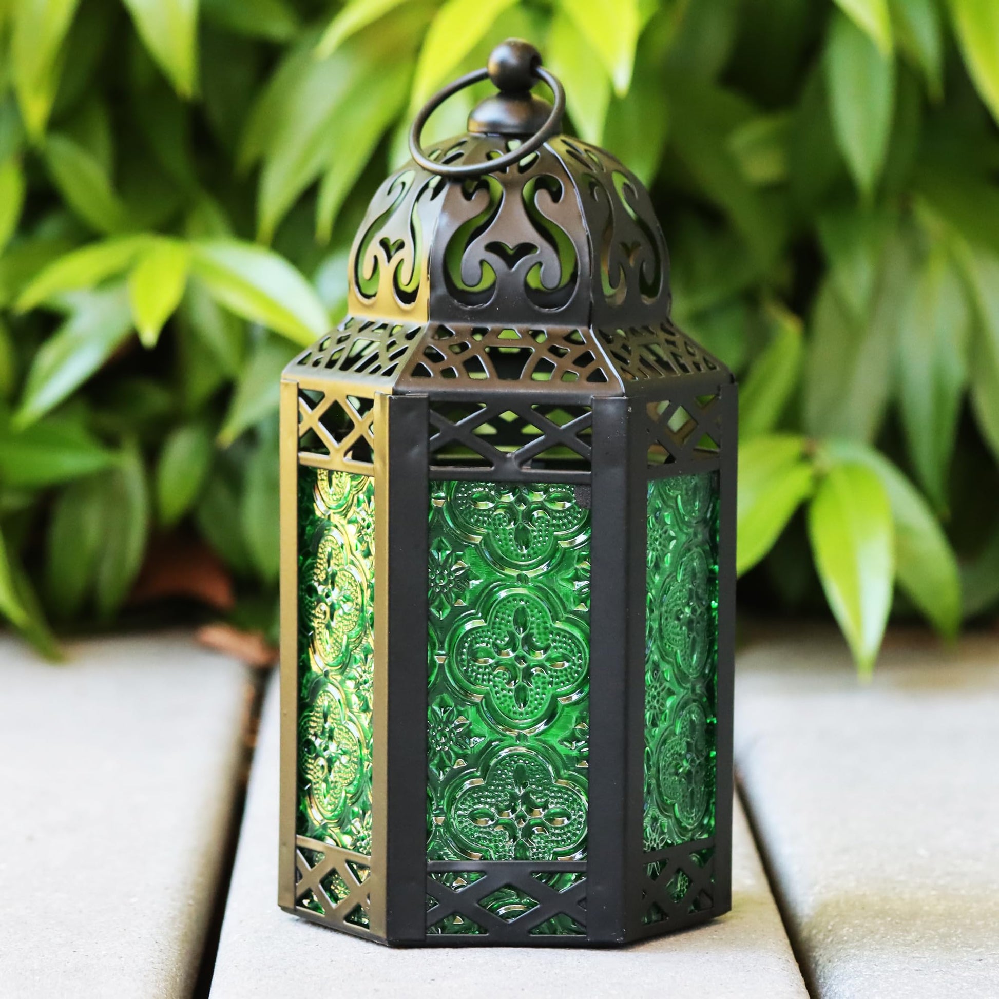 Set of 3 Green Glass & Black Metal Moroccan Candle Lantern Holders (XL, Large, Small) - Decorative Indoor/Outdoor Decor for Patio, Floor, Weddings & Ramadan - Green XL-LAR-SM - PT04