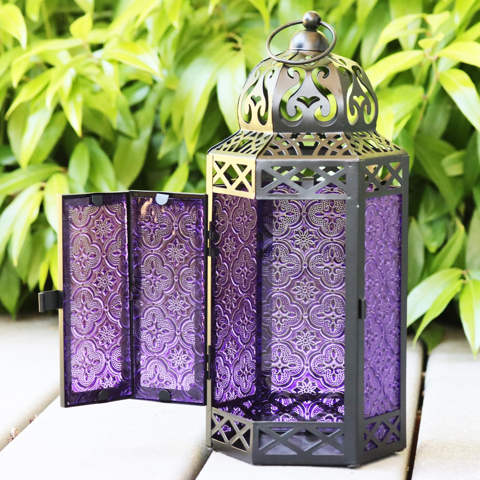 Set of 3 Purple Glass & Black Metal Moroccan Candle Lantern Holders (XL, Large, Small) - Decorative Indoor/Outdoor Decor for Patio, Floor, Weddings & Ramadan - Purple XL-LAR-SM - PT04