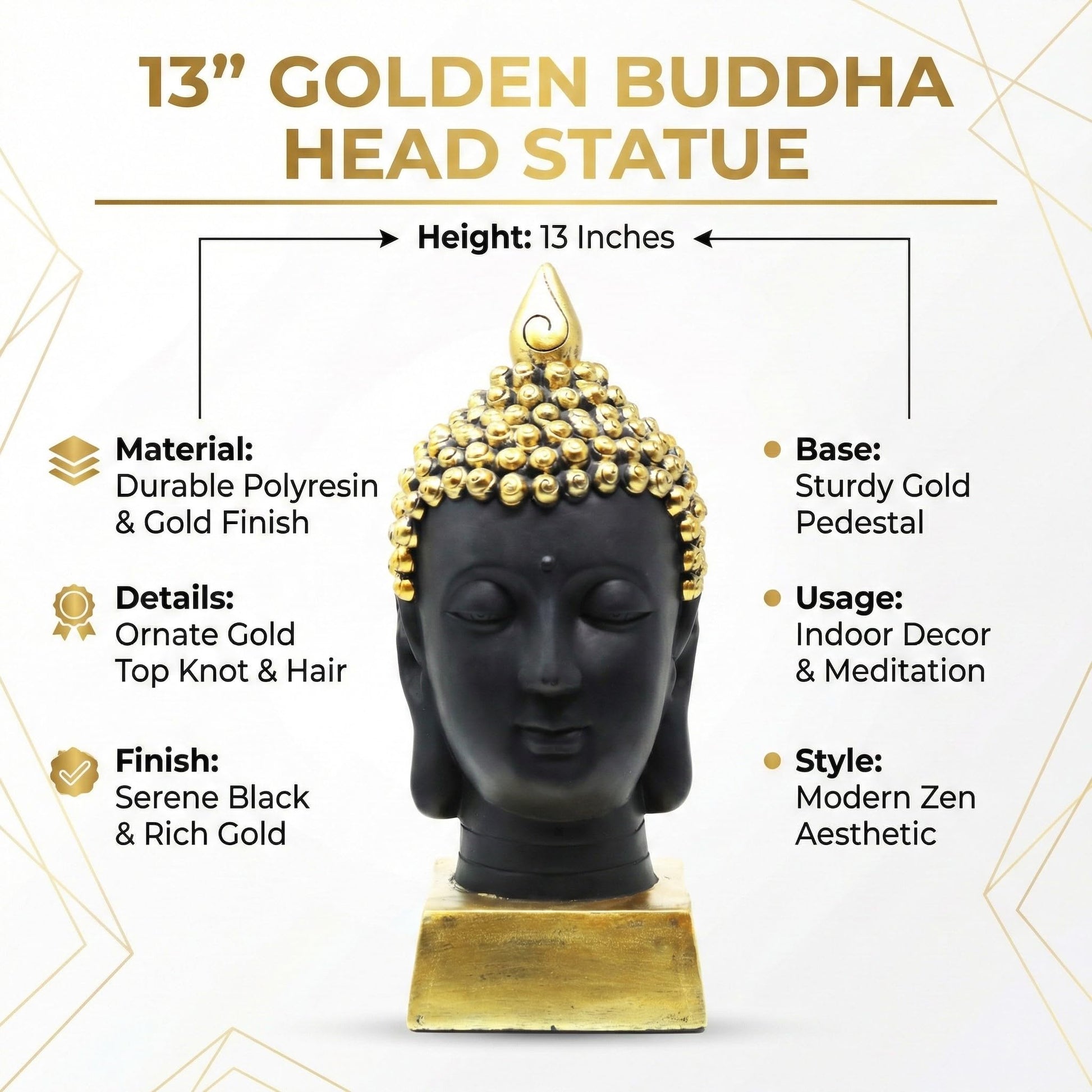Buddha Head Statue for Home Decor or Outdoor, Gold, 13" Tall - Gold - PT03