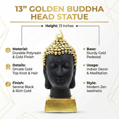 Buddha Head Statue for Home Decor or Outdoor, Gold, 13" Tall - Gold - PT03